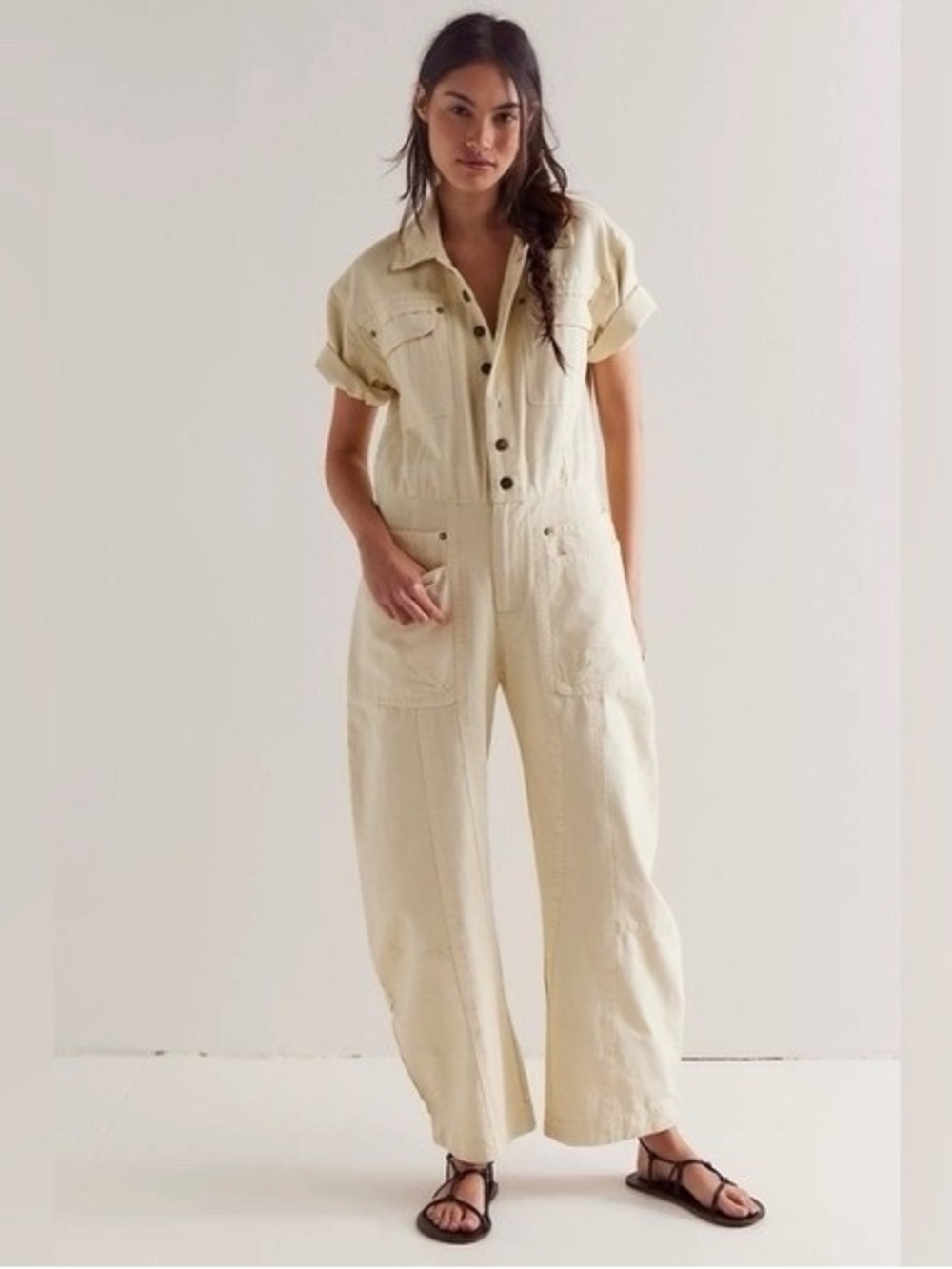 Free People Women's Cream Maxie Utility Jumpsuit Coveralls